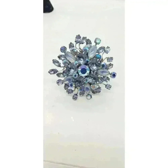 Vintage Blue Brooch Rhinestone & Moonstone Beau Judy Lee Spray Large Statement - Picture 3 of 8